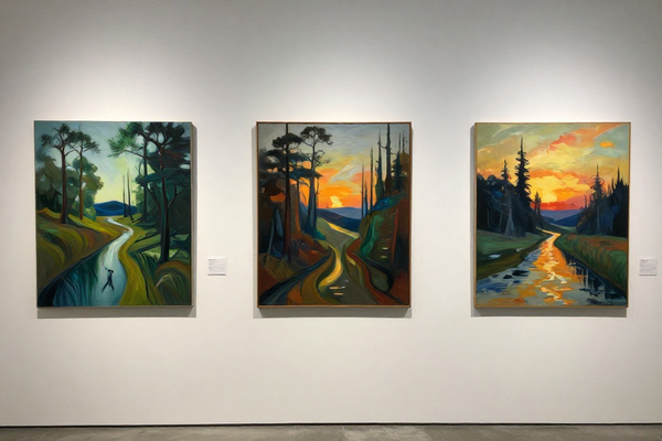 Oil paintings on canvas, art gallery wall display, colorful artworks
