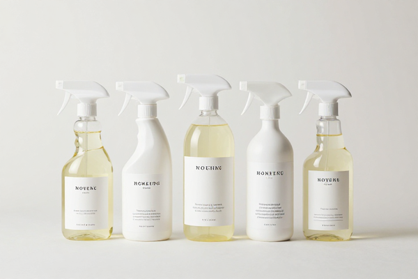 Premium eco-friendly household cleaning products, minimal elegant packaging