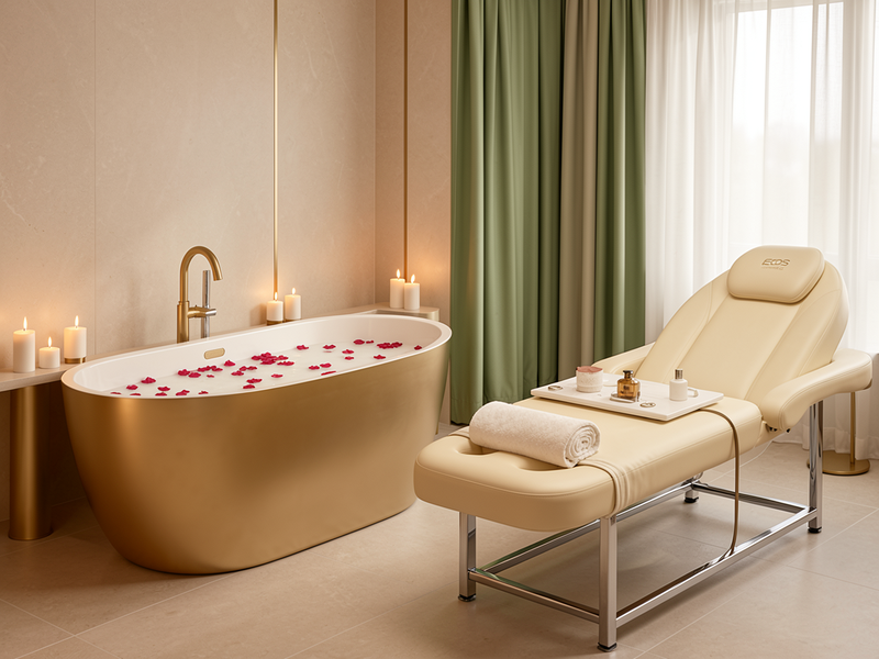 Premium SPA equipment: massage table, spa tub, aromatherapy diffusers in luxury spa
