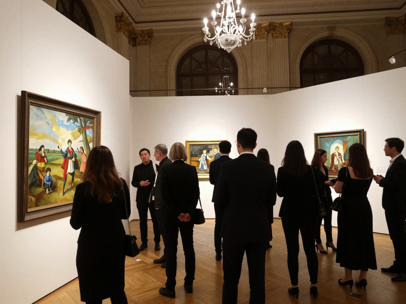 Grand art exhibition gala opening, elegant attendees, prestigious venue
