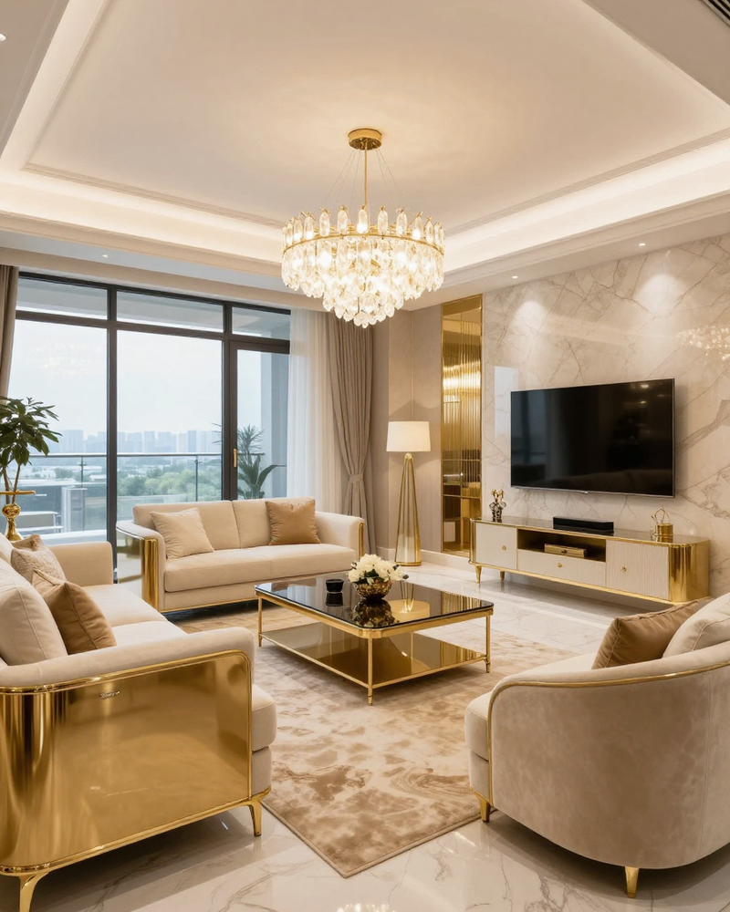 Luxury penthouse living room interior, gold and ivory, designer furniture