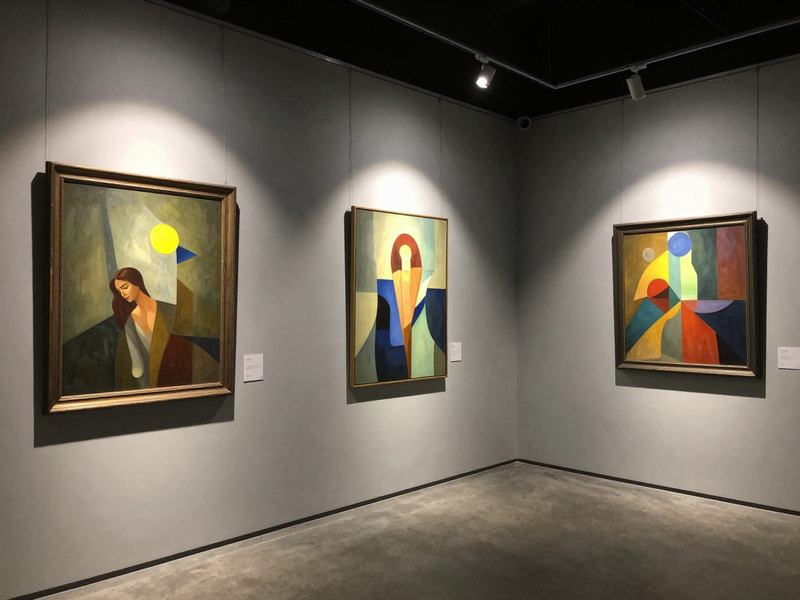 Contemporary oil paintings art gallery, dramatic lighting, colorful canvases