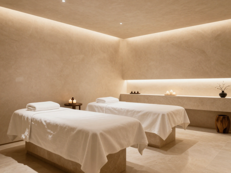 Luxury spa interior, soft lighting, natural stone, relaxation setting